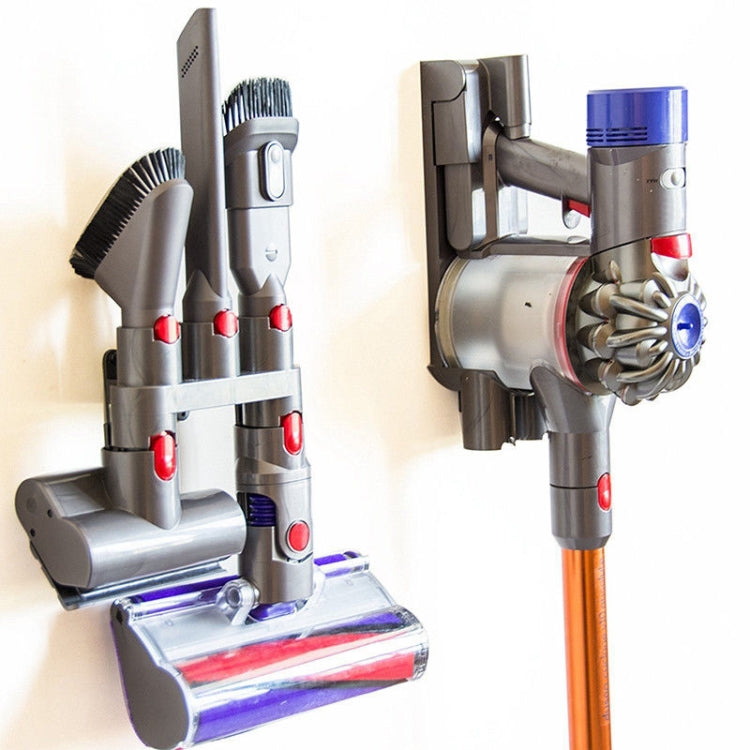 Gray metal vacuum storage bracket holding two vacuum tools in slots