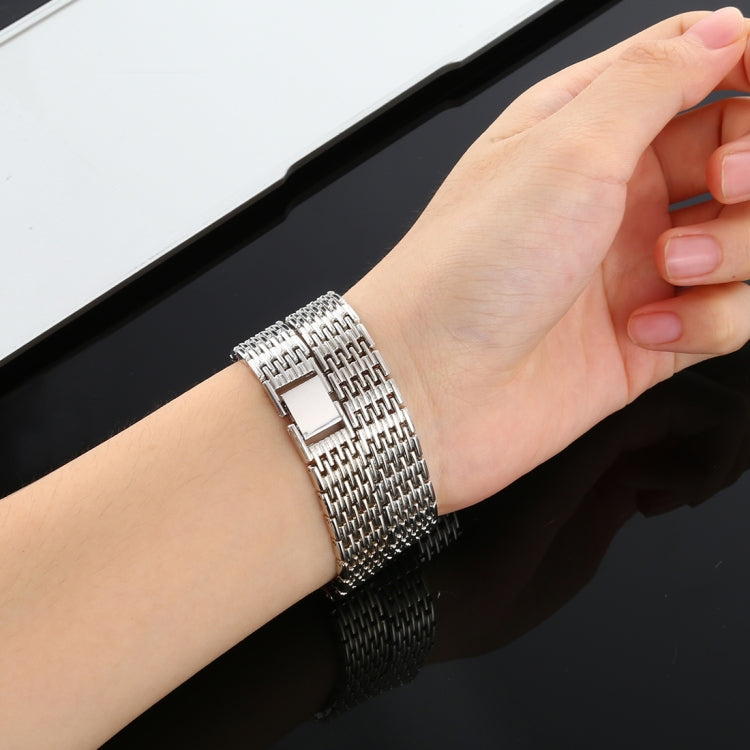 Stainless steel watch band for Fitbit Alta, silver mesh worn on wrist