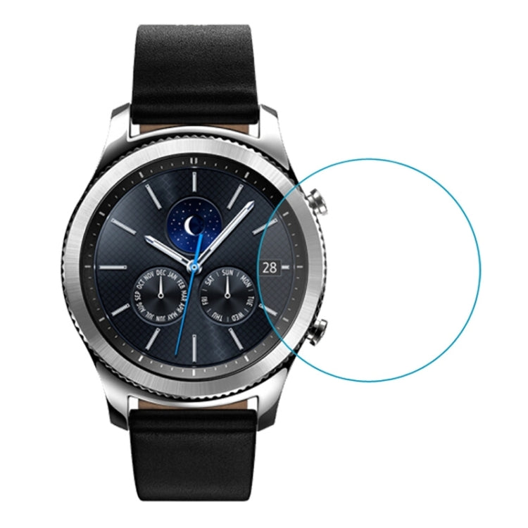 Circular tempered glass film positioned over a black watch display with blue outline