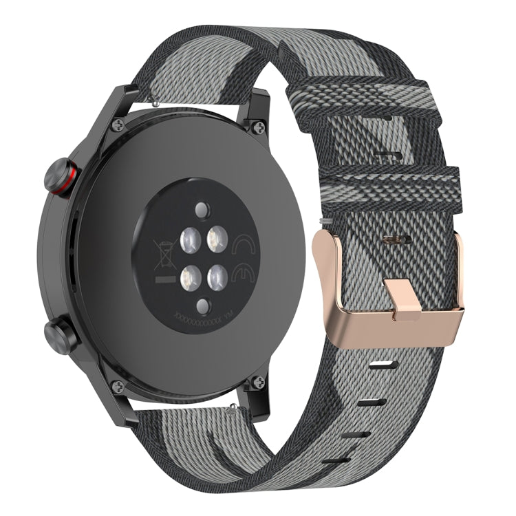 Grey 22mm stripe weave nylon watch band with metal buckle and watch strap keeper