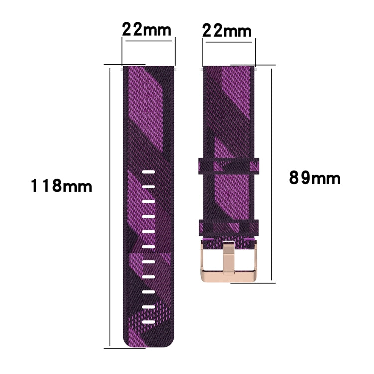 Purple 22mm stripe weave nylon watch band size diagram: 22mm width, 118mm strap