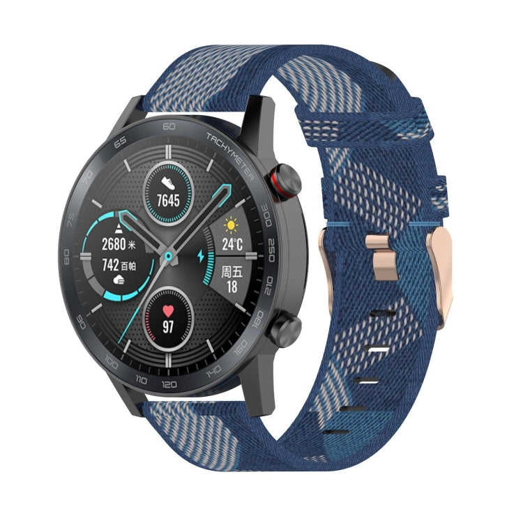 22mm stripe weave nylon watch band in blue with metal buckle and adjustment holes