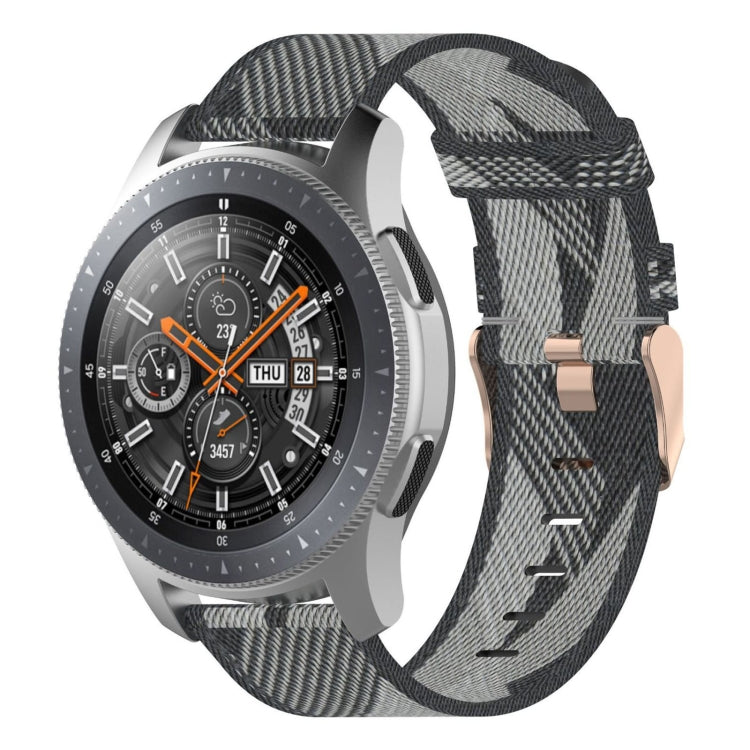 22mm grey woven nylon watch band with check pattern and metal buckle clasp.
