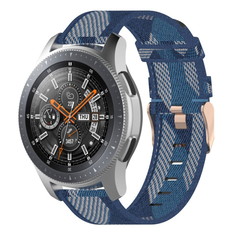 22mm blue woven nylon watch band with check pattern and metal buckle hardware.