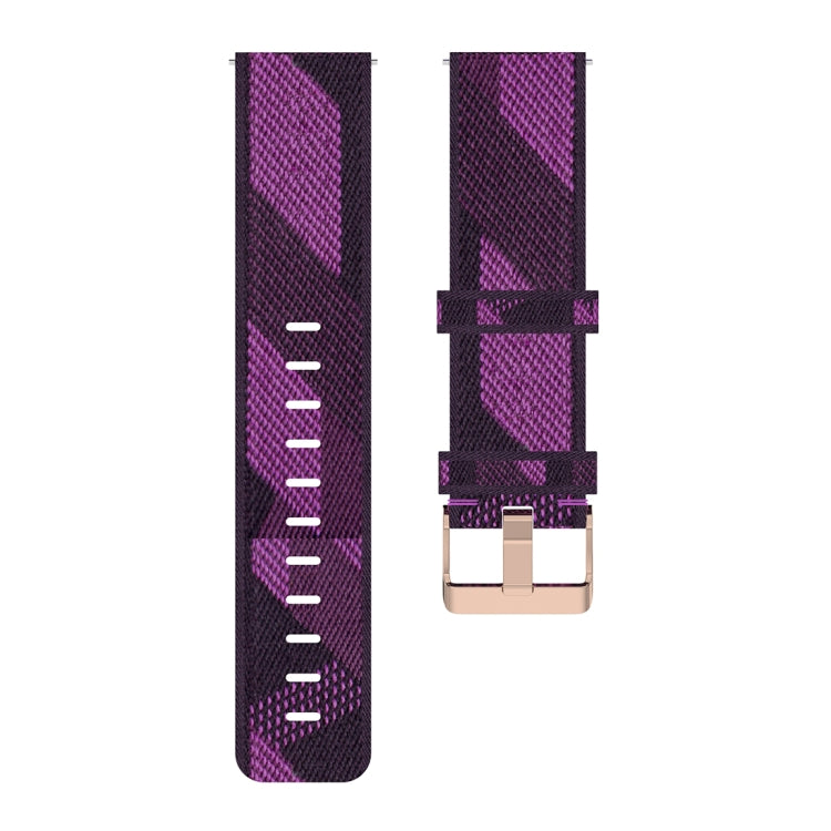 22mm purple woven nylon watch band with check pattern and rose-gold buckle hardware.
