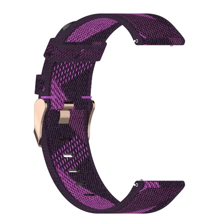 22mm purple woven nylon watch band, check pattern with metal buckle clasp detail.