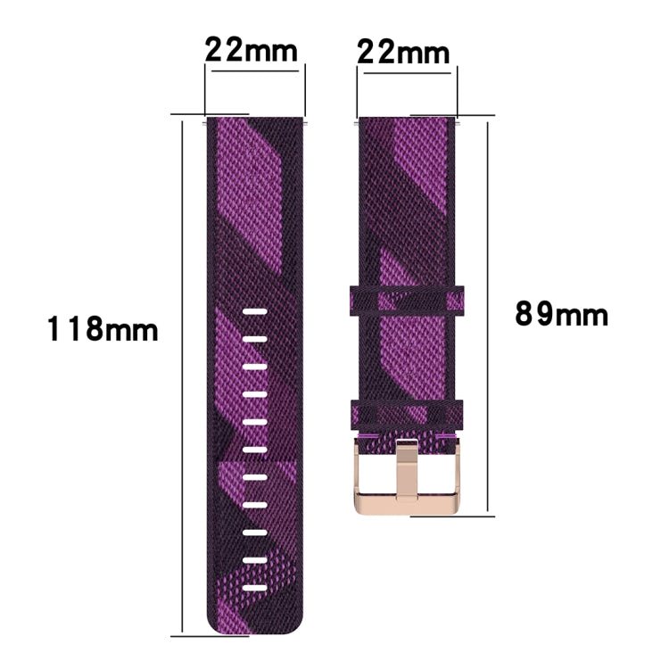 22mm purple woven nylon watch band size diagram with clasp and adjustable length range.