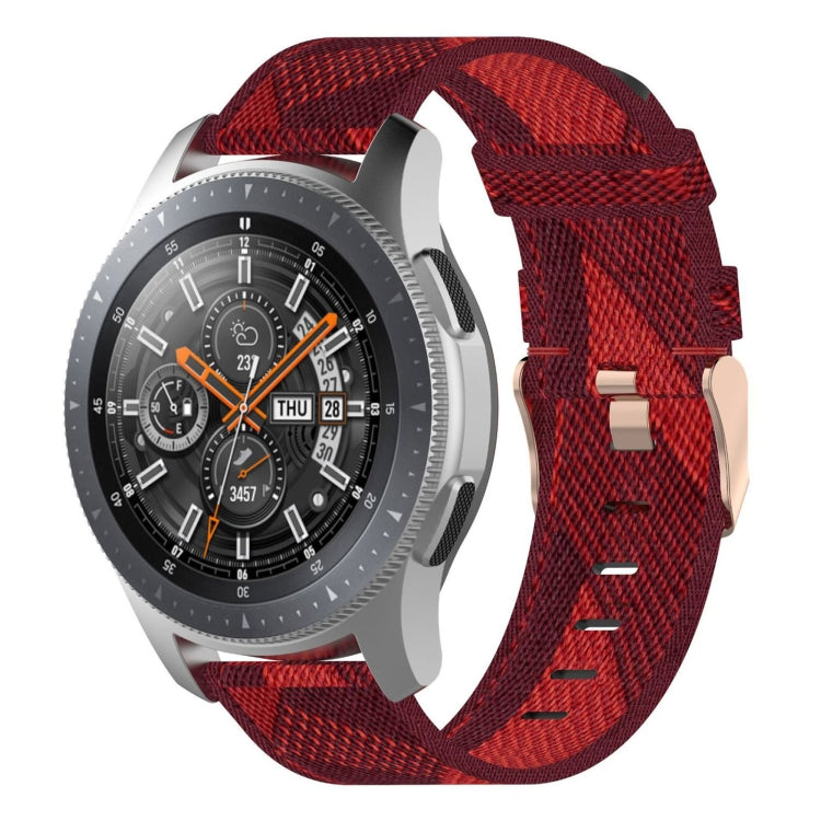 22mm red woven nylon watch band with check pattern and rose-gold buckle hardware.