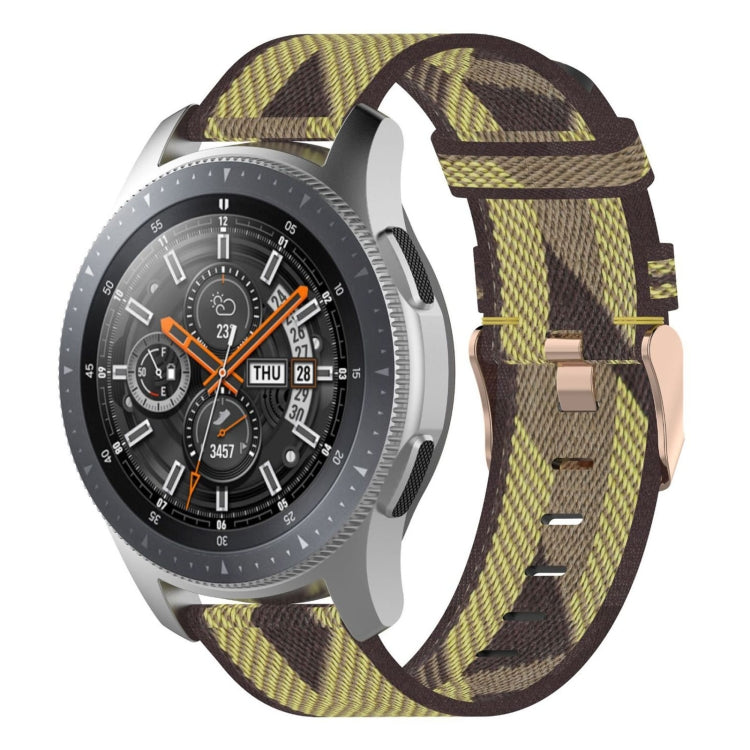 22mm yellow and brown woven nylon watch band with check pattern and metal buckle.