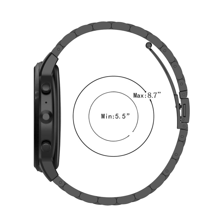 Black 22mm steel watch band size guide with Min 5.5 in and Max 8.7 in fit
