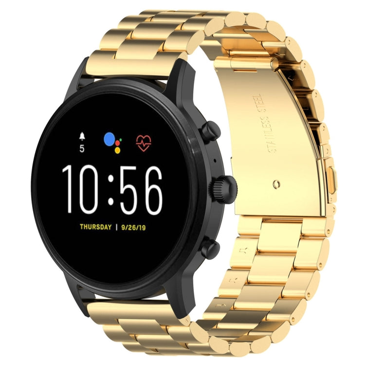 Gold 22mm steel watch band with polished link bracelet and secure clasp