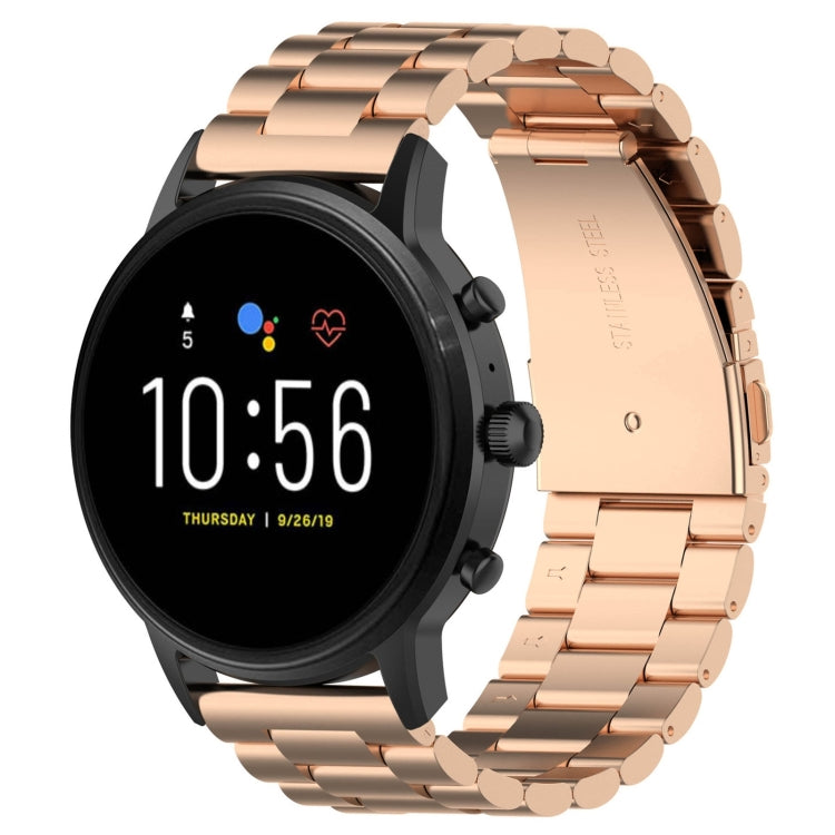 Rose gold 22mm steel watch band with smooth link bracelet and metal clasp