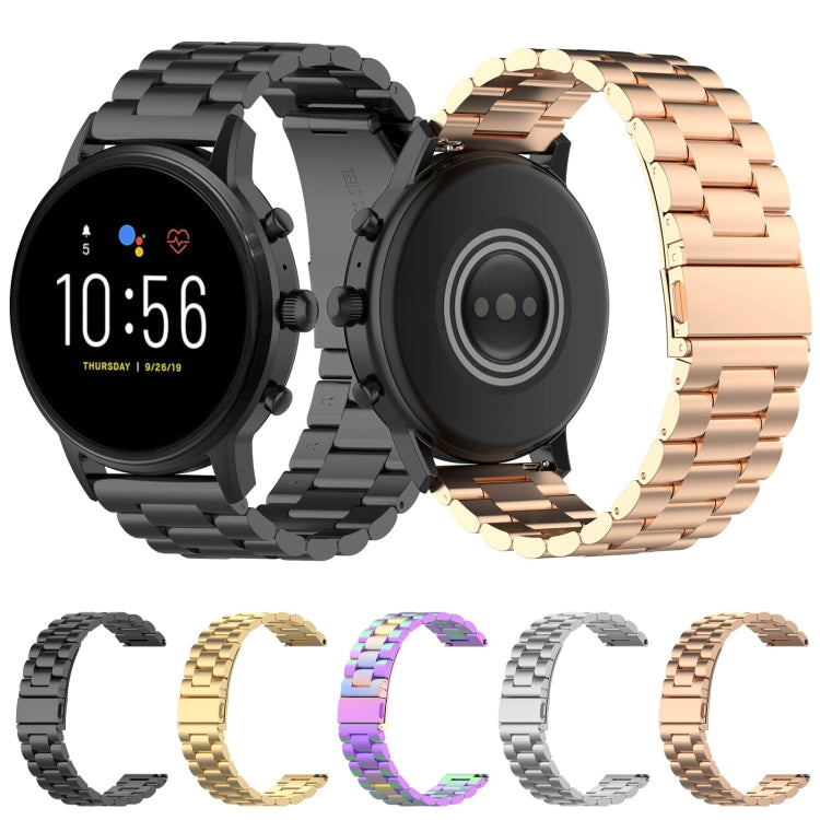 22mm steel watch band with link bracelet, black and rose-gold tones shown.