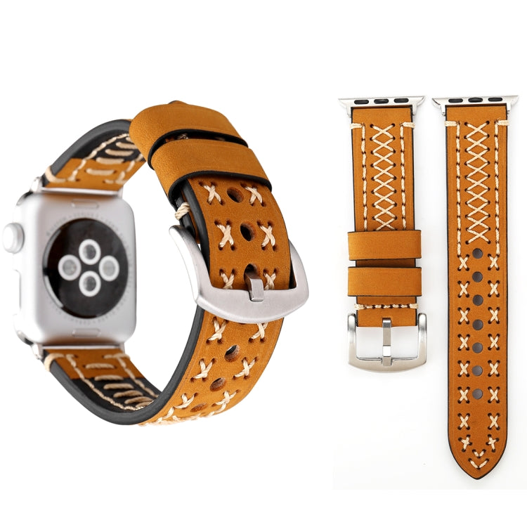 Genuine leather Apple Watch 38mm band, coffee brown with cream cross-stitch pattern