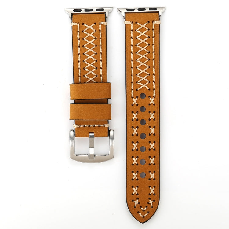 Genuine leather Apple Watch band, tan-brown strap with cream crisscross and side stitching