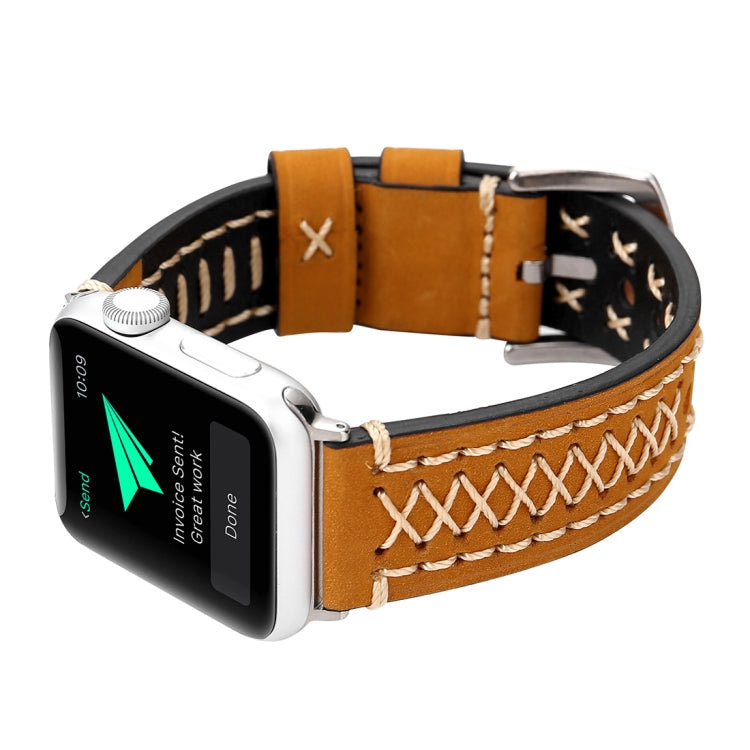 Genuine leather Apple Watch band, tan-brown strap with white X-stitch row and dark underside