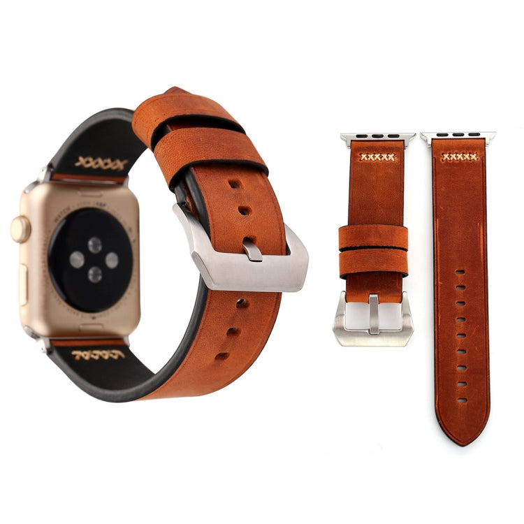 Genuine leather Apple Watch wrist band, reddish-brown with silver clasp and adjustment holes