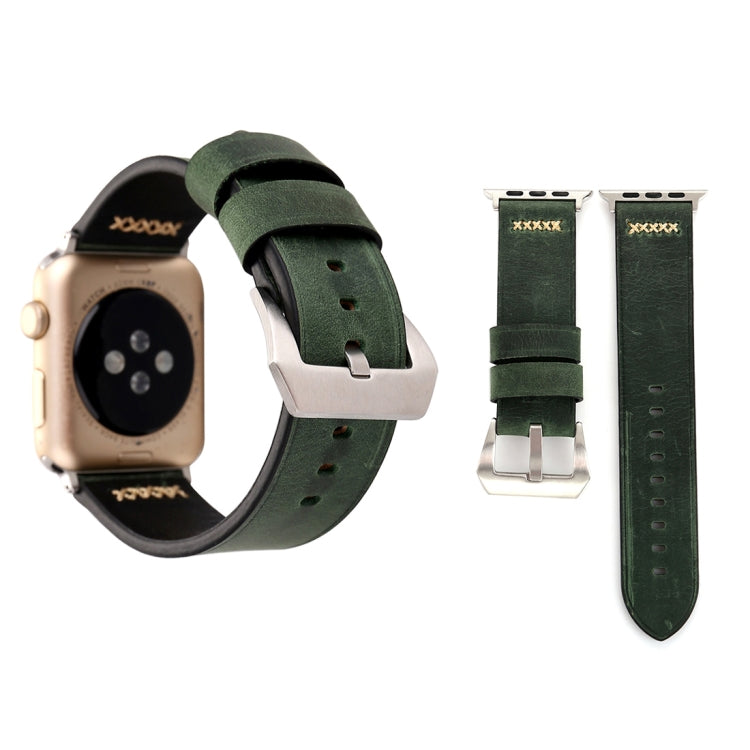 Genuine leather watch band for 42mm, dark green with pin holes and buckle