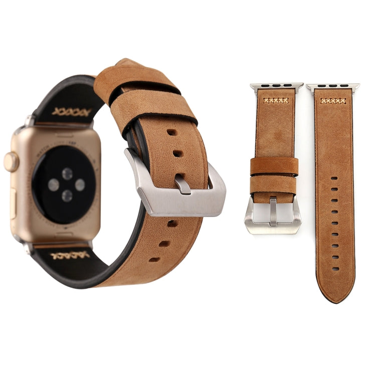 Genuine leather Apple Watch wrist band, tan with silver buckle and multiple adjustment holes