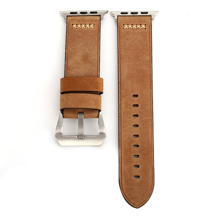 Genuine leather Apple Watch wrist band, brown tone with silver clasp and perforated strap
