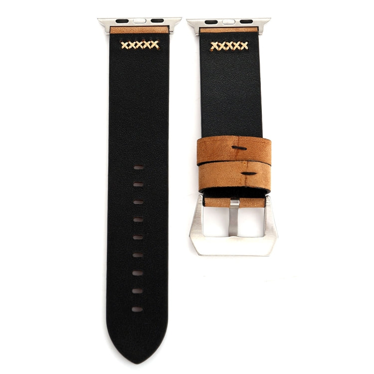 Genuine leather Apple Watch wrist band, black with silver clasp and rows of adjustment holes