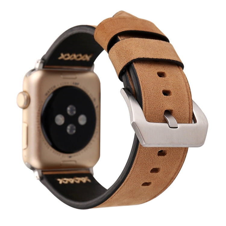 Genuine leather Apple Watch wrist band, tan with silver buckle and punched adjustment holes
