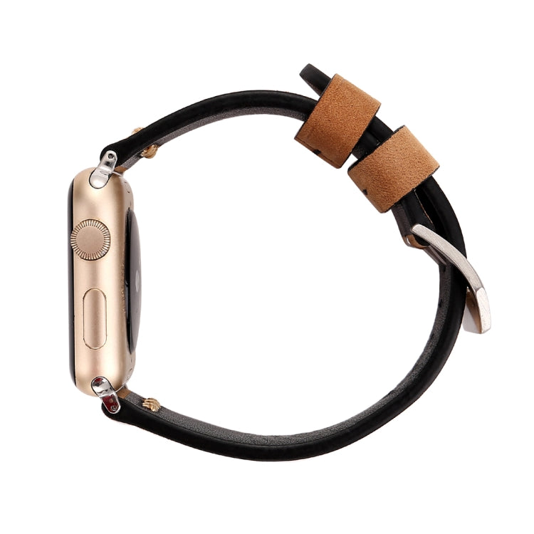 Genuine leather Apple Watch wrist band, black strap with tan keeper and silver buckle