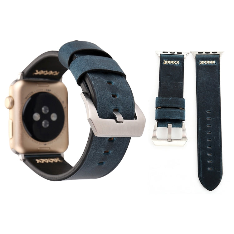 Genuine leather Apple Watch wrist band, blue with silver clasp and adjustment holes