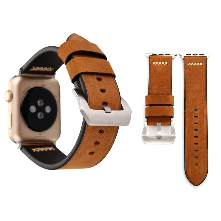 Genuine leather Apple Watch wrist band, warm brown with silver buckle and perforated strap
