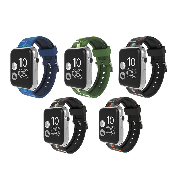Camouflage silicone watch bands set with blue, green, and orange styles for 38mm