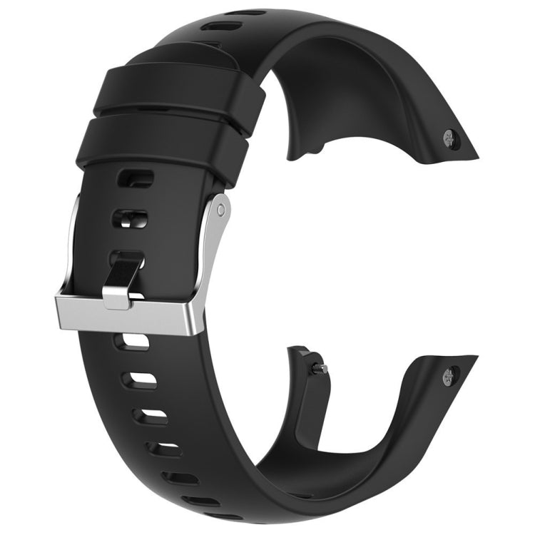 Black silicone watch band with metal clasp and perforated strap holes.