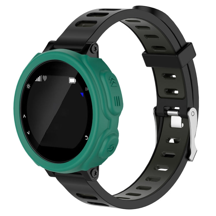 Mint green silicone protective watch case with cutouts and buttons, on black strap
