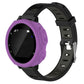Purple silicone protective watch case with cutouts and buttons, on black strap