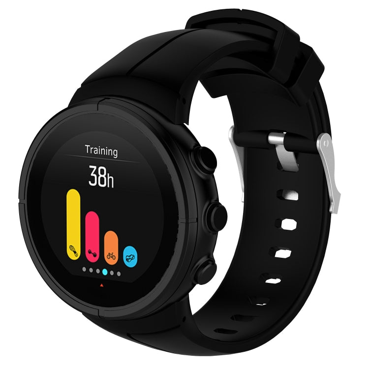 Black silicone watch band with perforated strap and metal buckle, shown with smartwatch face