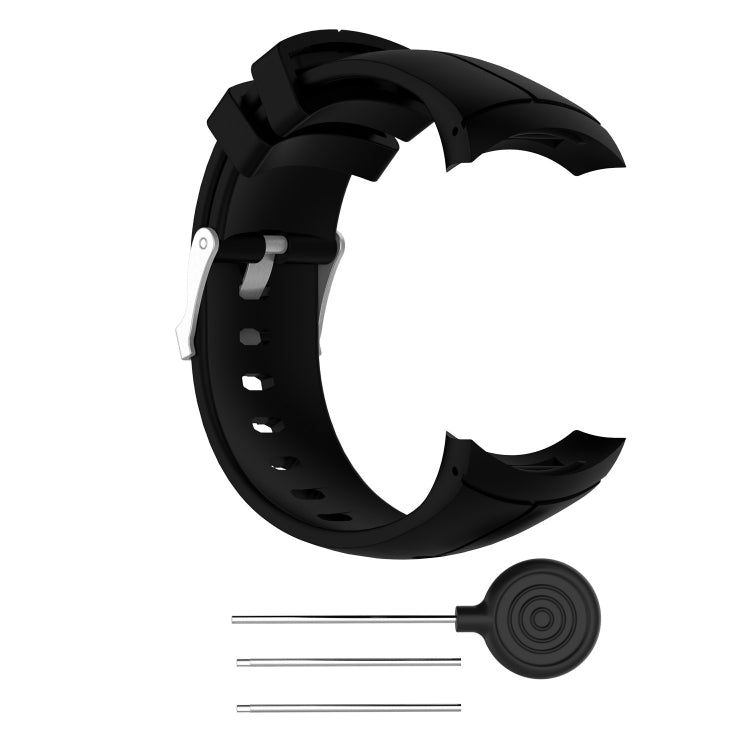 Black silicone watch band with matching clasp and spare pins included
