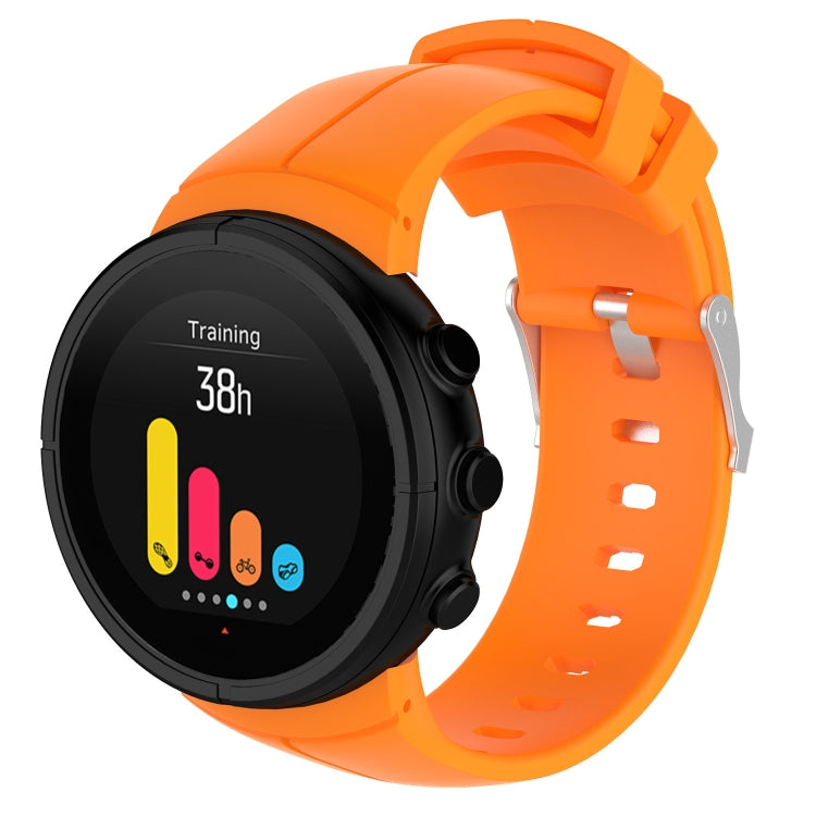 Orange silicone watch band with perforated strap and metal buckle, shown with smartwatch face