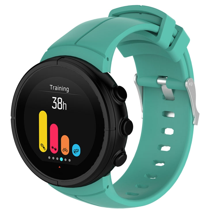 Mint green silicone watch band with perforated strap and metal buckle, shown with smartwatch face