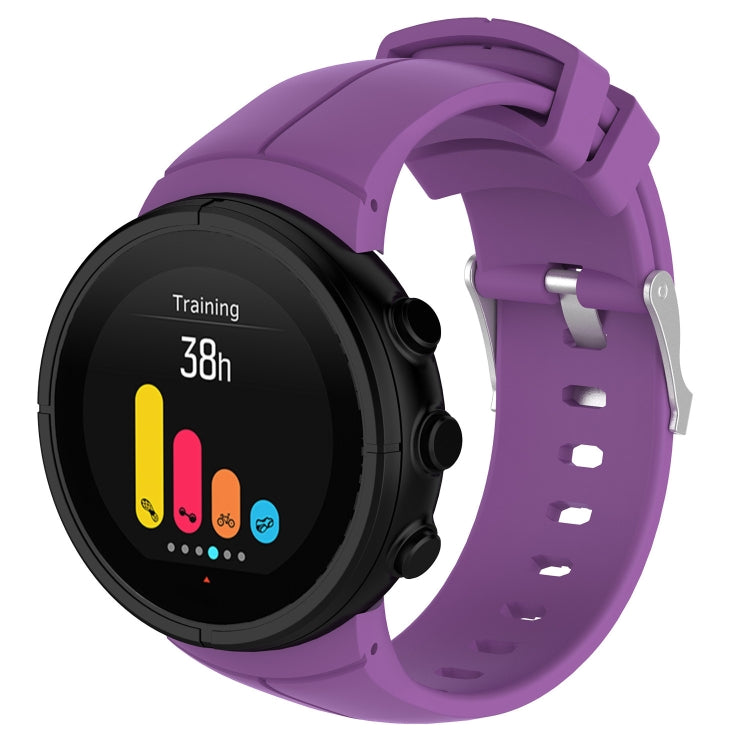 Purple silicone watch band with perforated strap and metal buckle, shown with smartwatch face