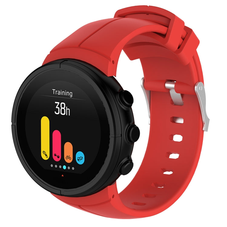 Red silicone watch band with perforated strap and metal buckle, shown with smartwatch face