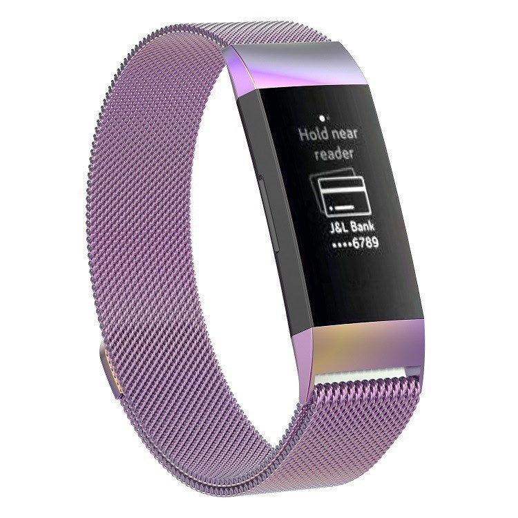 Pink stainless steel mesh magnet watch band with black watch module (large).