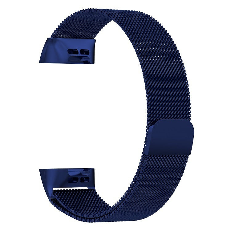 Blue stainless steel mesh magnet watch band with black clasp detail (large).