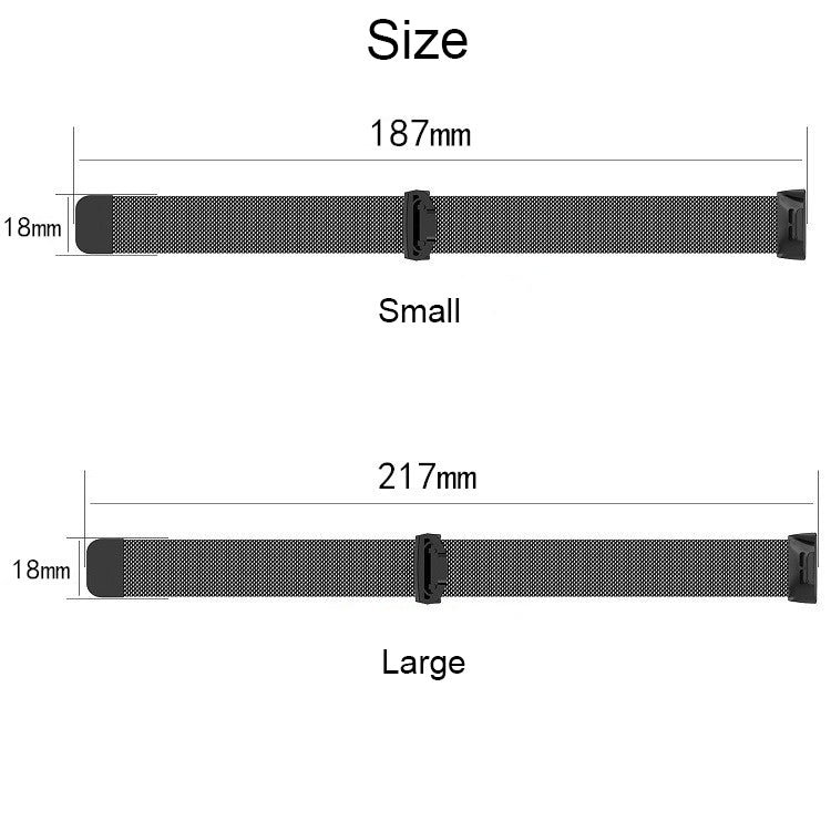 Size chart showing large magnetic watch band length 217mm and width 18mm.