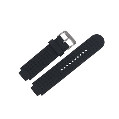 Adjustable black watch band with perforated texture and silver metal buckle