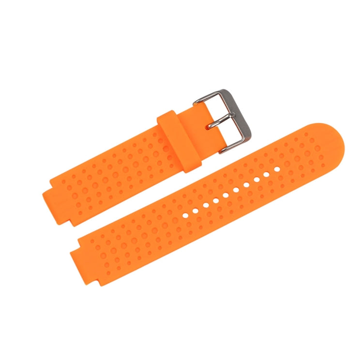 Adjustable orange watch band with perforated dots and silver metal buckle