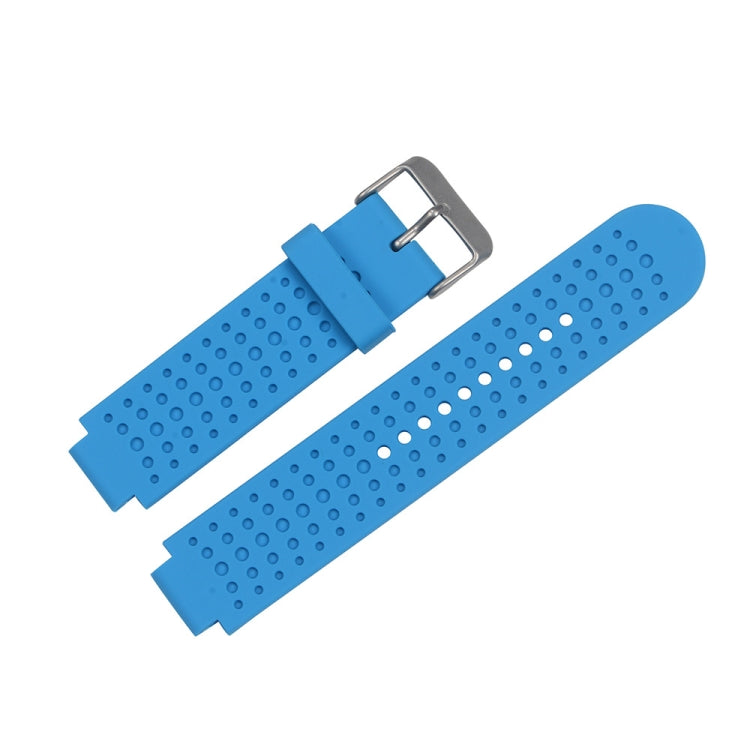 Adjustable blue watch band with perforated dots and silver metal buckle