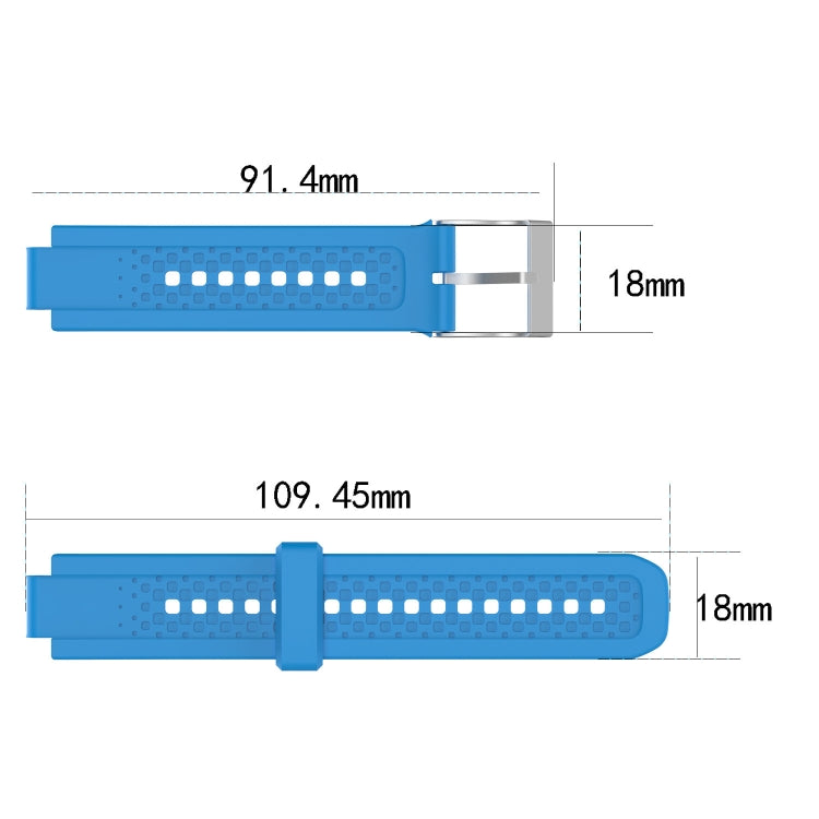 Blue watch band sizing diagram showing length and width measurements