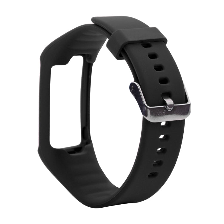 Black silicone sport watch band with metal clasp and row of adjustment holes