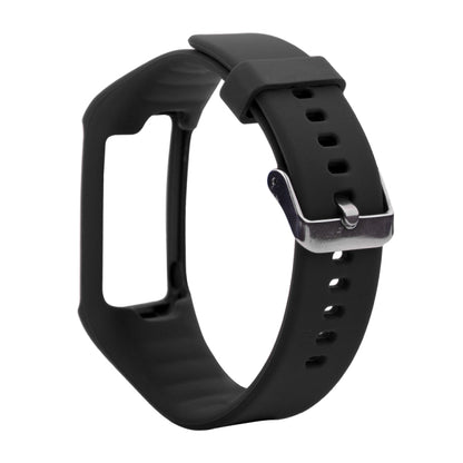 Black silicone sport watch band with metal clasp and row of adjustment holes