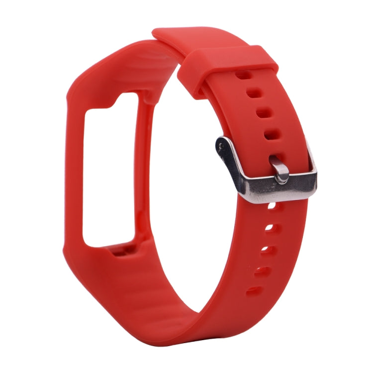 Red silicone sport watch band with metal clasp and multiple adjustment holes
