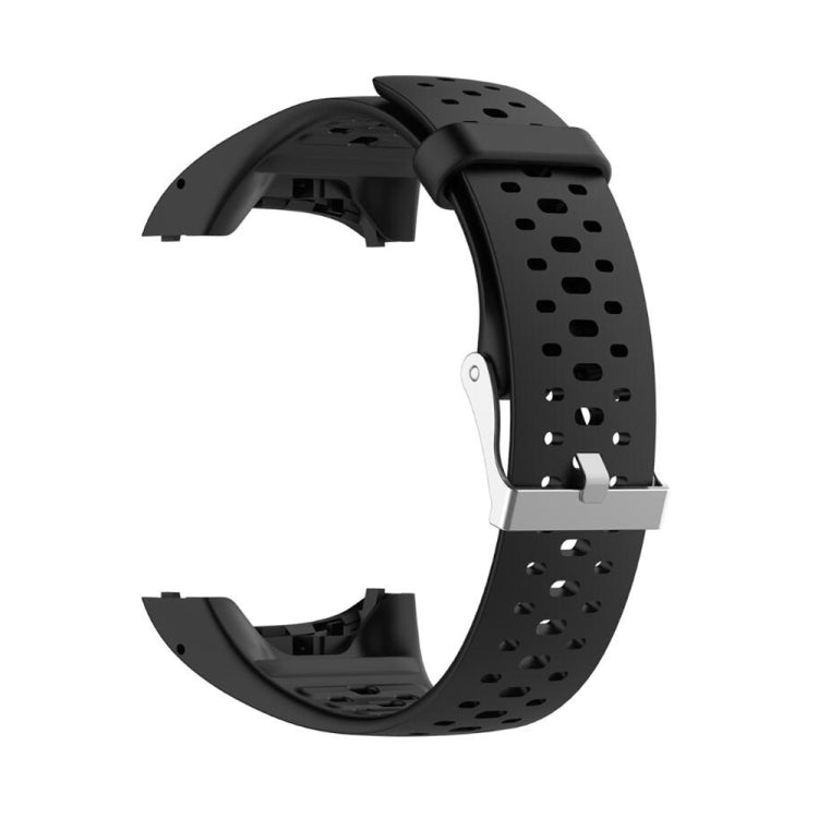 Black silicone sport watch band with perforated holes and silver metal buckle